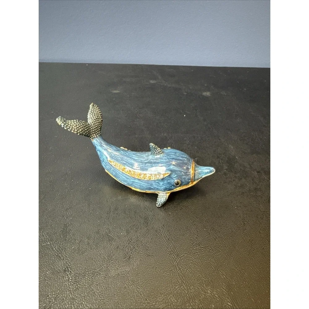 Enamel Trinket Box‎ Blue Dolphin Porpoise Fish Rhinestones Ocean Beach 3 1/2